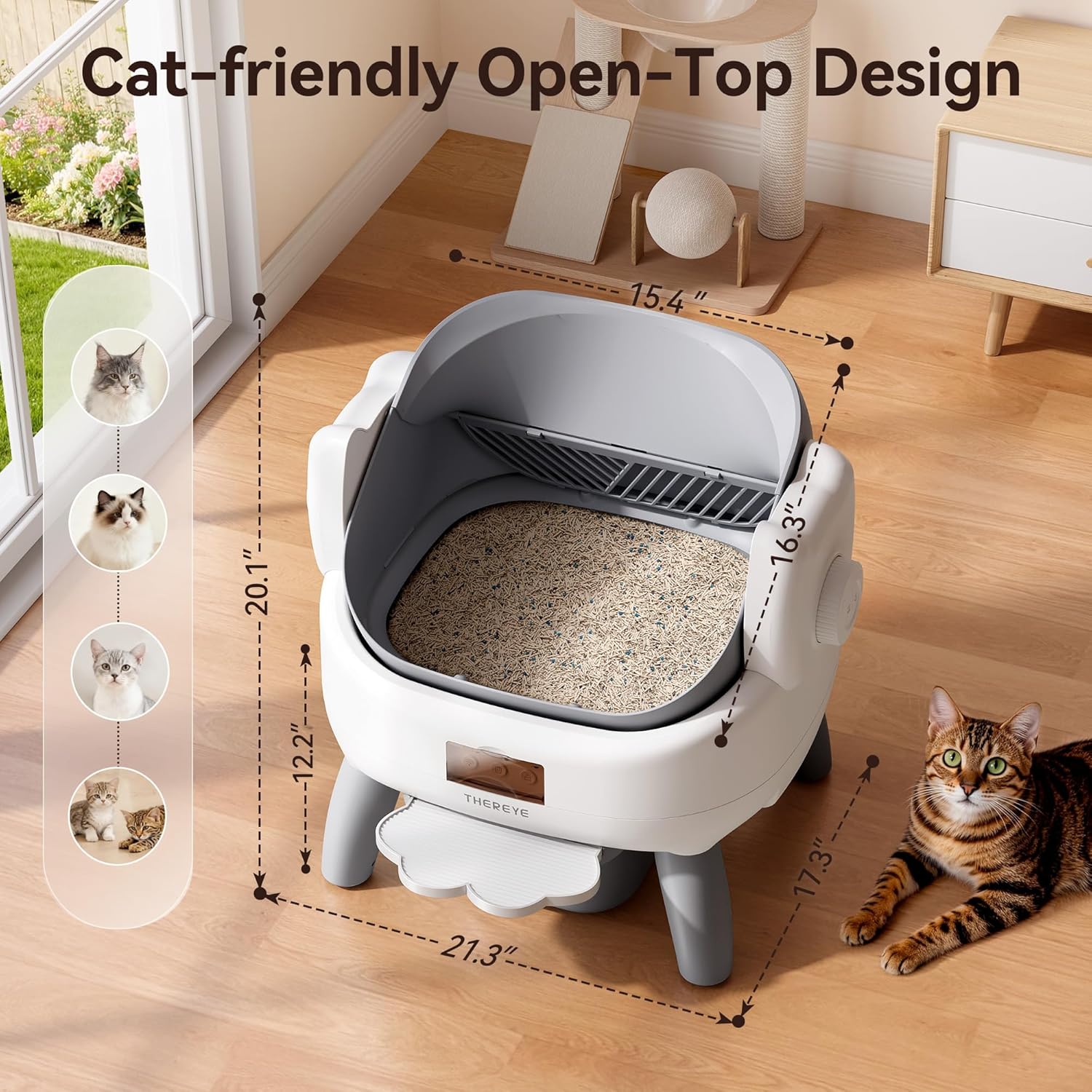 Thereye Automatic Litter Box with Entry Step, Open-Top Self Cleaning Litter Box, 11 Safety